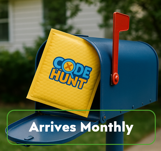 Monthly subscription to CodeHunt STEM puzzle kits for kids, featuring hands-on logic, reading, and math challenges