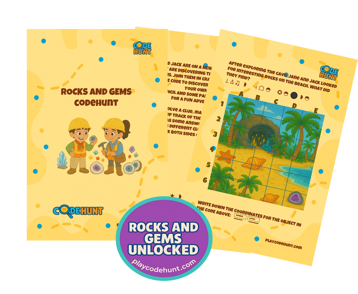 CodeHunt Rocks and Gems STEM puzzle kit for kids ages 7–10, with rock-themed logic challenges and achievement prize